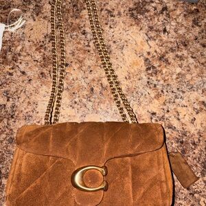 Coach Tan Suede Shoulder Bag with Gold Chain